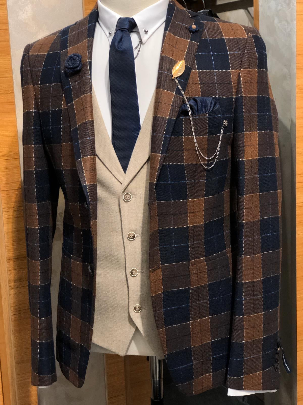 Planc Slim-Fit Plaid Wool Suit Dark Blue & Tile-baagr.myshopify.com-suit-BOJONI