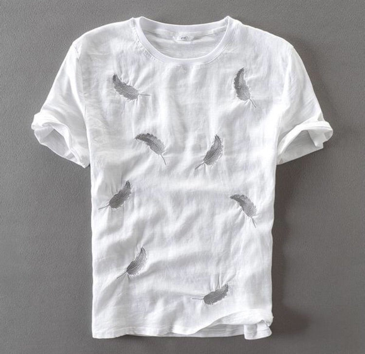 Embroidered Feather Linen T-Shirt (2 colors)-baagr.myshopify.com-T-shirt-BOJONI