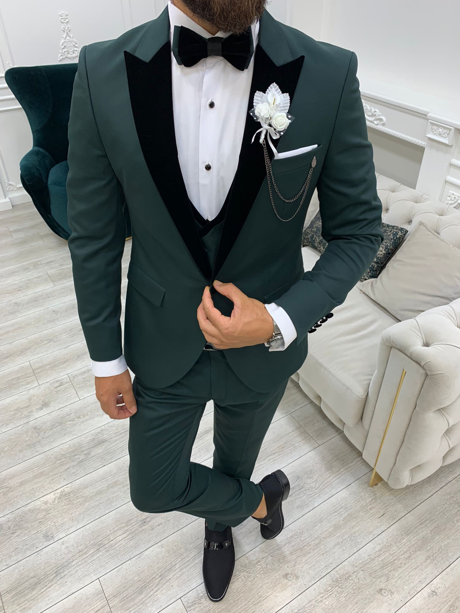 Moncani Green Slim Fit Velvet Peak Lapel Tuxedo-baagr.myshopify.com-1-BOJONI