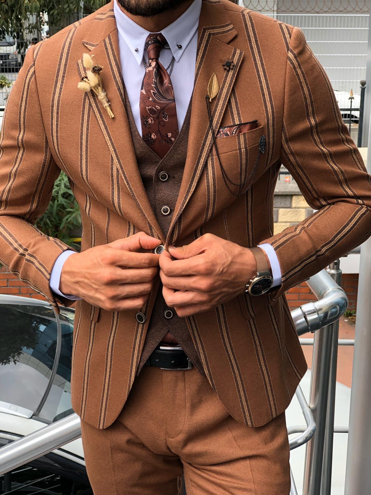 Slim-Fit Striped Suit Vest Camel-baagr.myshopify.com-suit-BOJONI