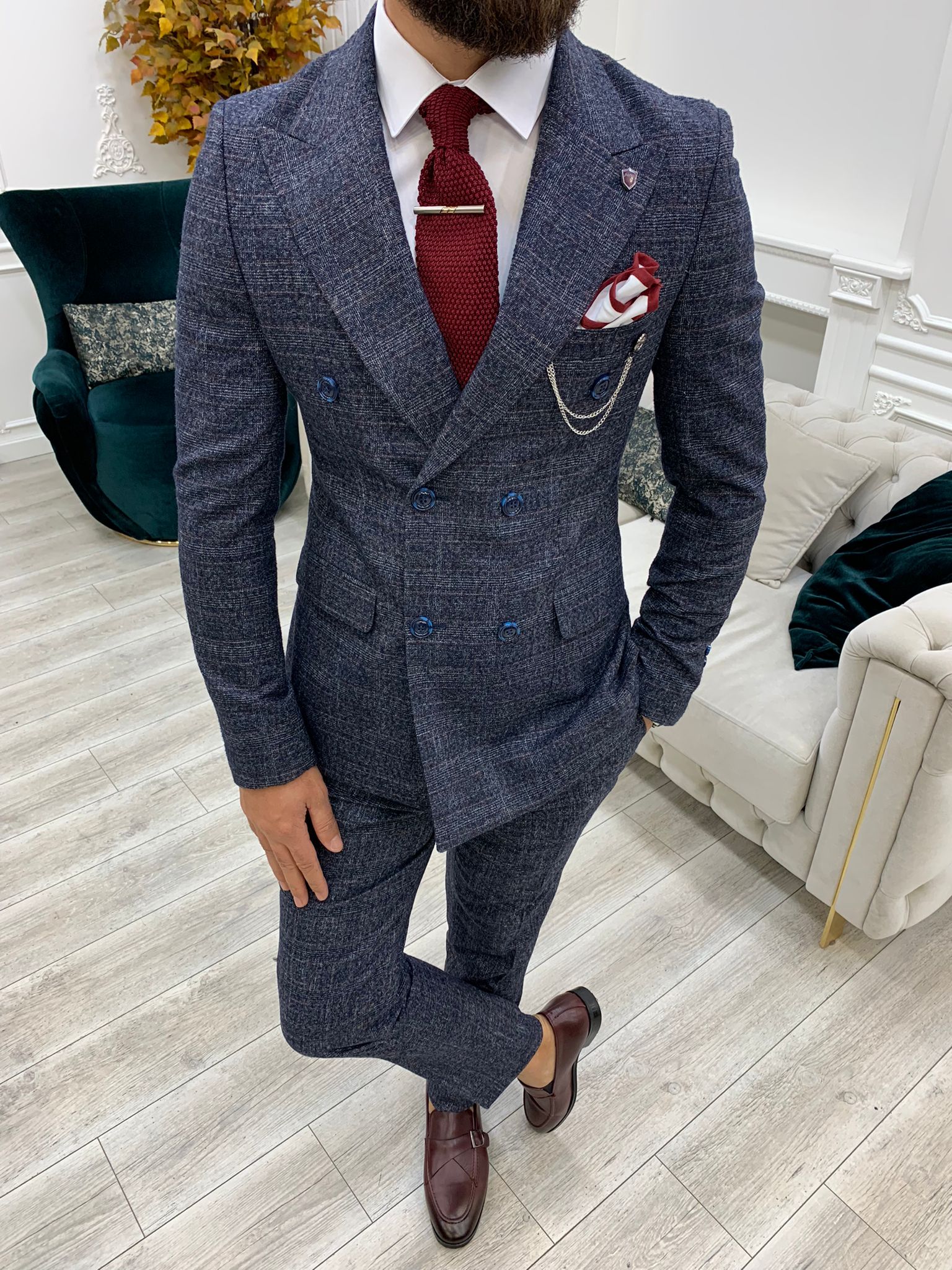 Vince Navy Blue Slim Fit Double Breasted Suit-baagr.myshopify.com-1-BOJONI