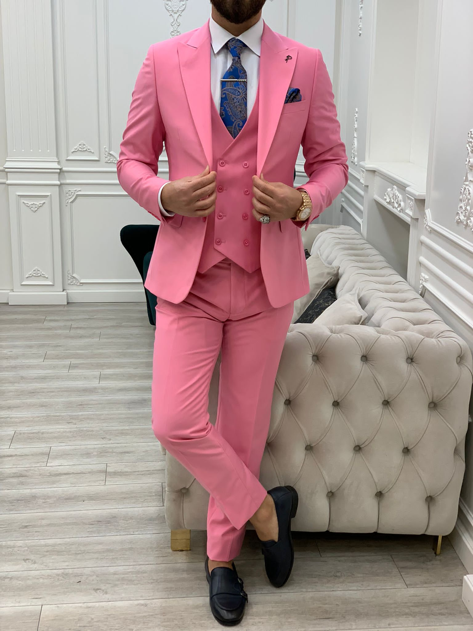 Bojoni Monte Pink  Slim Fit Suit