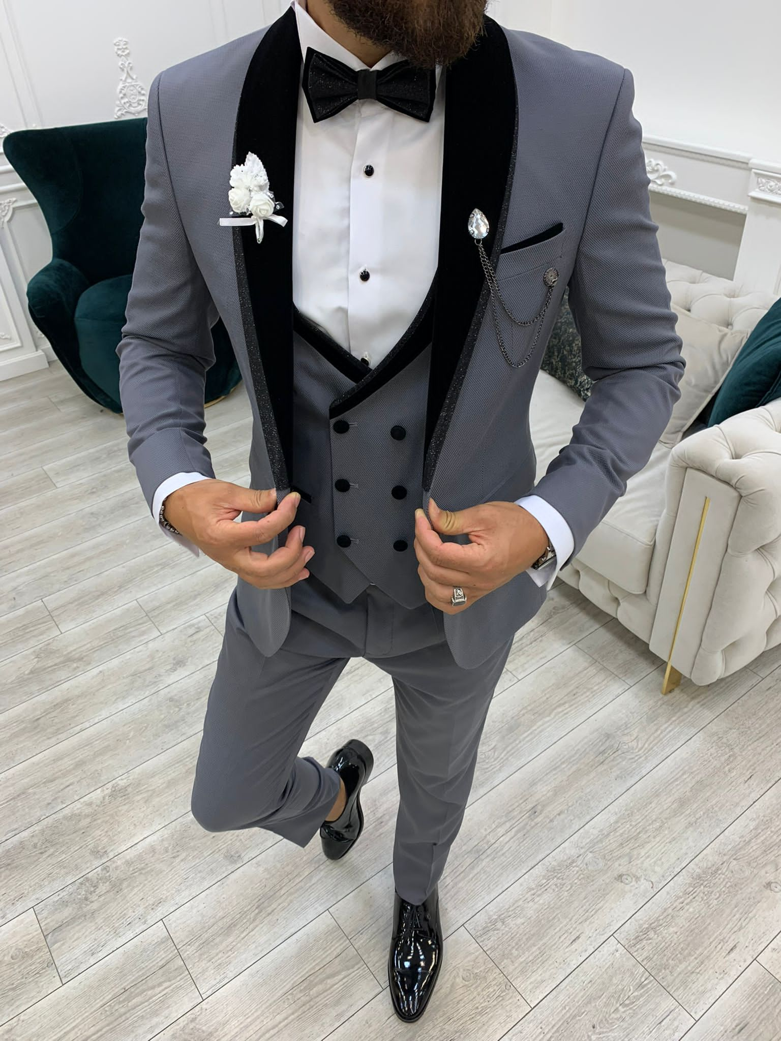 Fettachi Gray Slim Fit Velvet Peak Lapel Tuxedo-baagr.myshopify.com-1-BOJONI