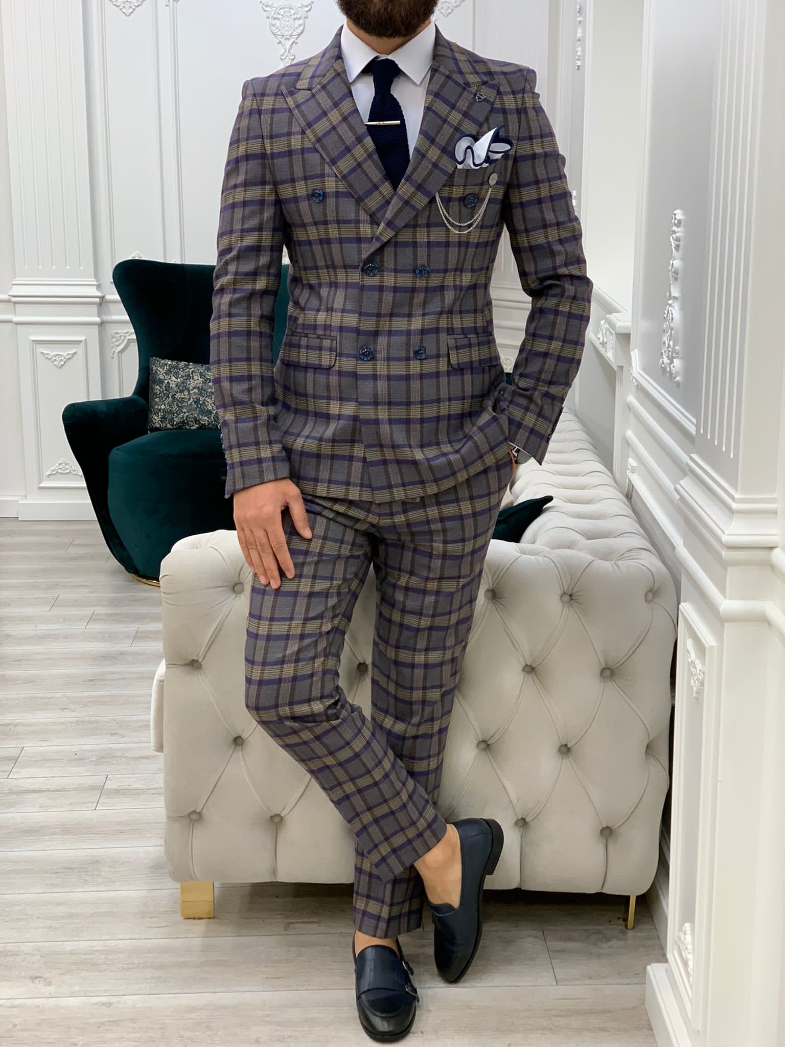 Vince Purple Slim Fit Double Breasted Plaid Suit-baagr.myshopify.com-1-BOJONI