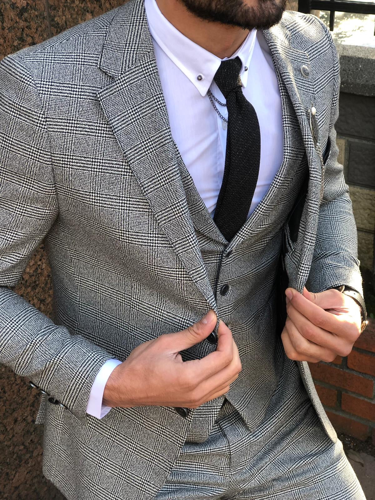 Slim-Fit Plaid Suit Vest Gray-baagr.myshopify.com-suit-BOJONI