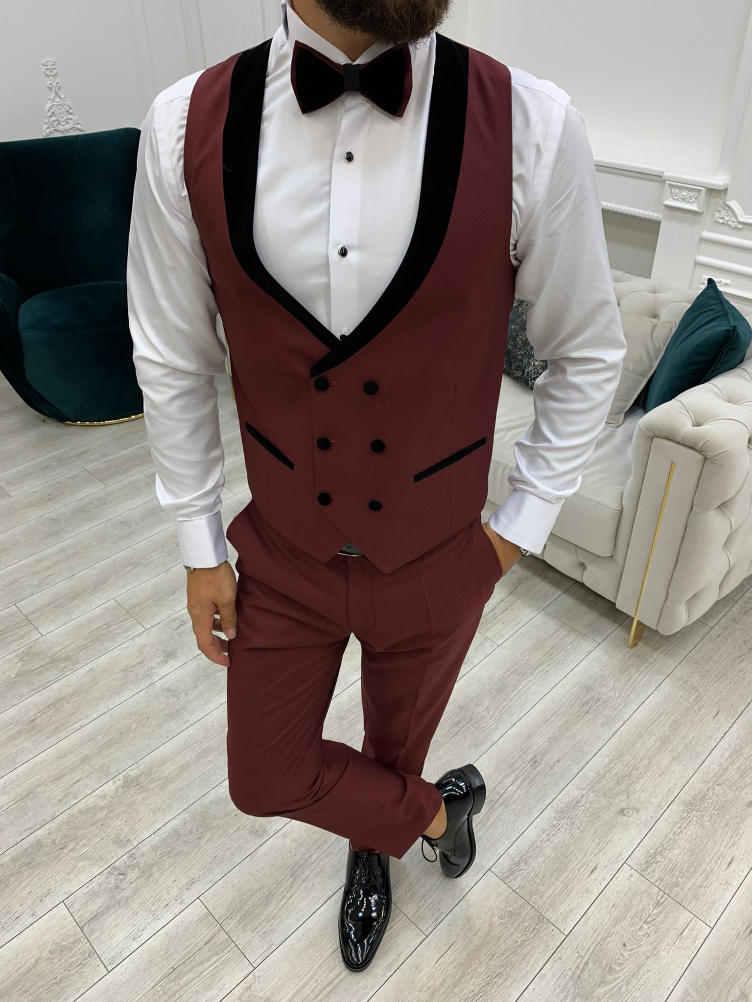 Fettachi Burgundy Slim Fit Velvet Peak Lapel Tuxedo-baagr.myshopify.com-1-BOJONI