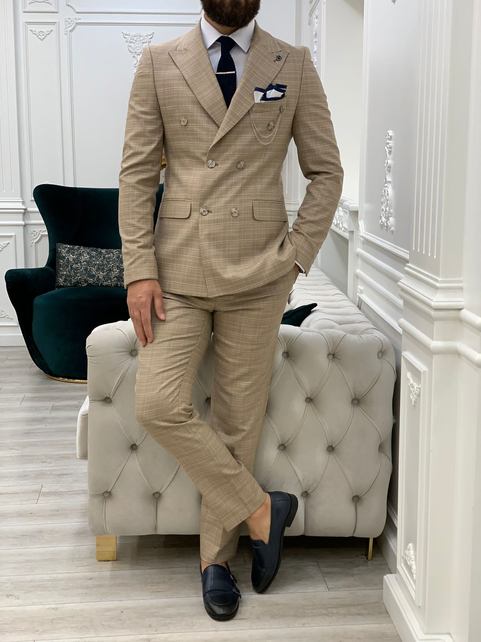 Vince Beige Slim Fit Double Breasted Striped Suit-baagr.myshopify.com-1-BOJONI