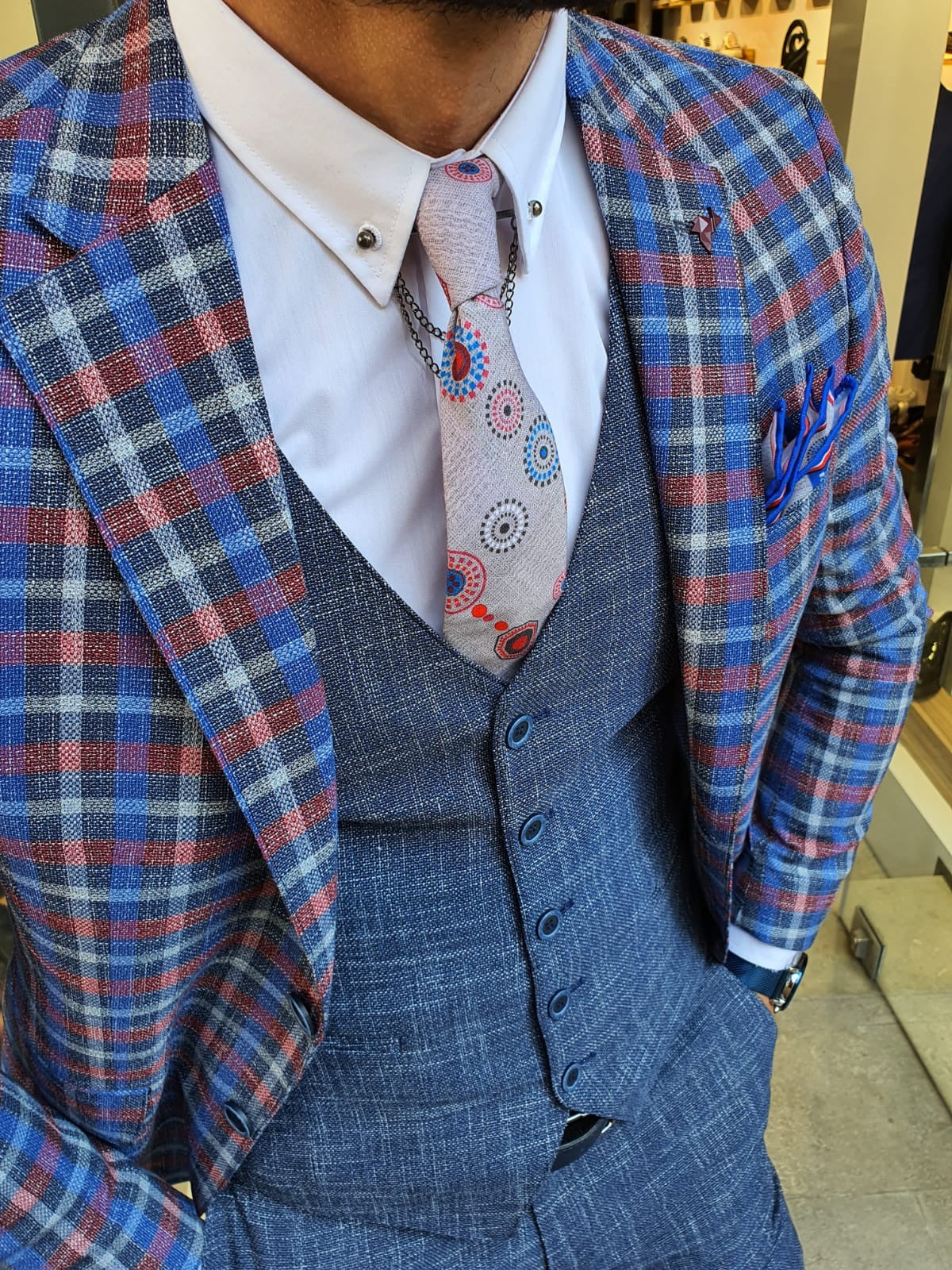 Caravajo Navy Blue Slim Fit Plaid Check Suit-baagr.myshopify.com-suit-BOJONI