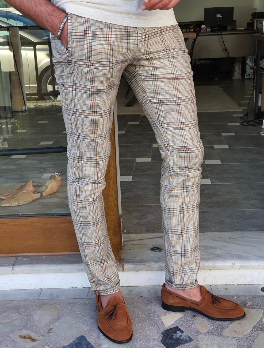 Vicenza Brown Slim Fit Plaid Pants-baagr.myshopify.com-Pants-BOJONI