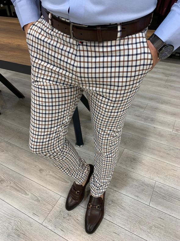 Lendfield Navy Brown Plaid Slim Pants-baagr.myshopify.com-Pants-BOJONI