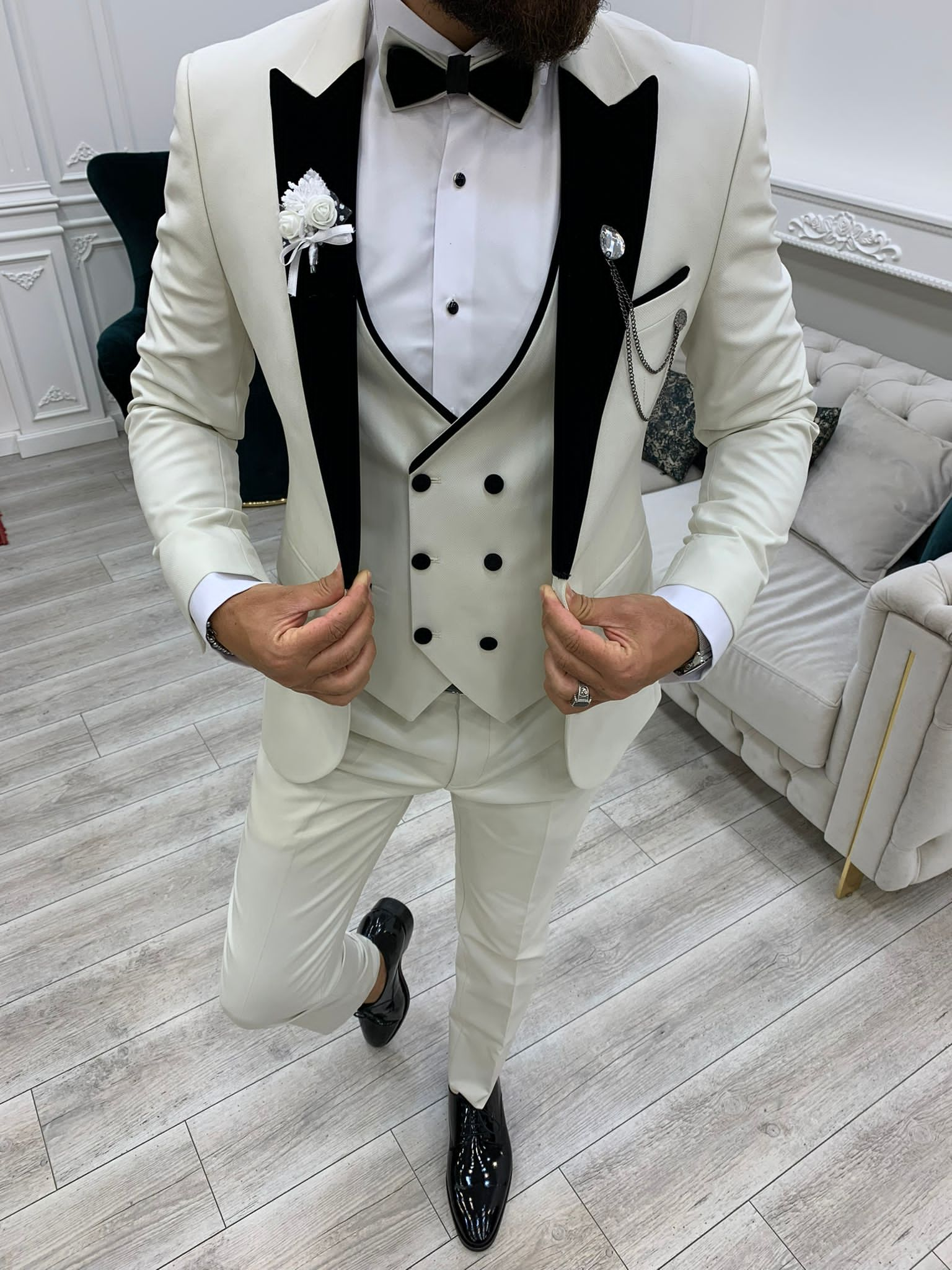 Fettachi White Slim Fit Velvet Peak Lapel Tuxedo-baagr.myshopify.com-1-BOJONI