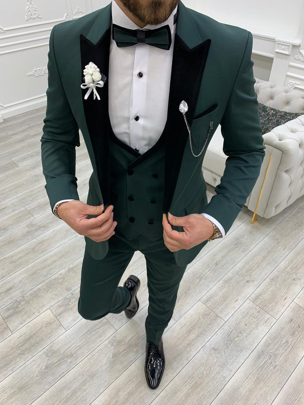 Partoni Royal Green Velvet Slim Fit Tuxedo-baagr.myshopify.com-1-BOJONI