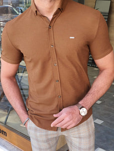 Akron Camel Slim Fit Short Sleeve Shirt-baagr.myshopify.com-Shirt-BOJONI