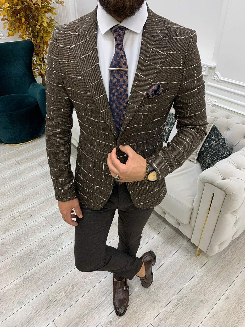 Serra Brown Slim Fit Plaid Suit-baagr.myshopify.com-1-BOJONI