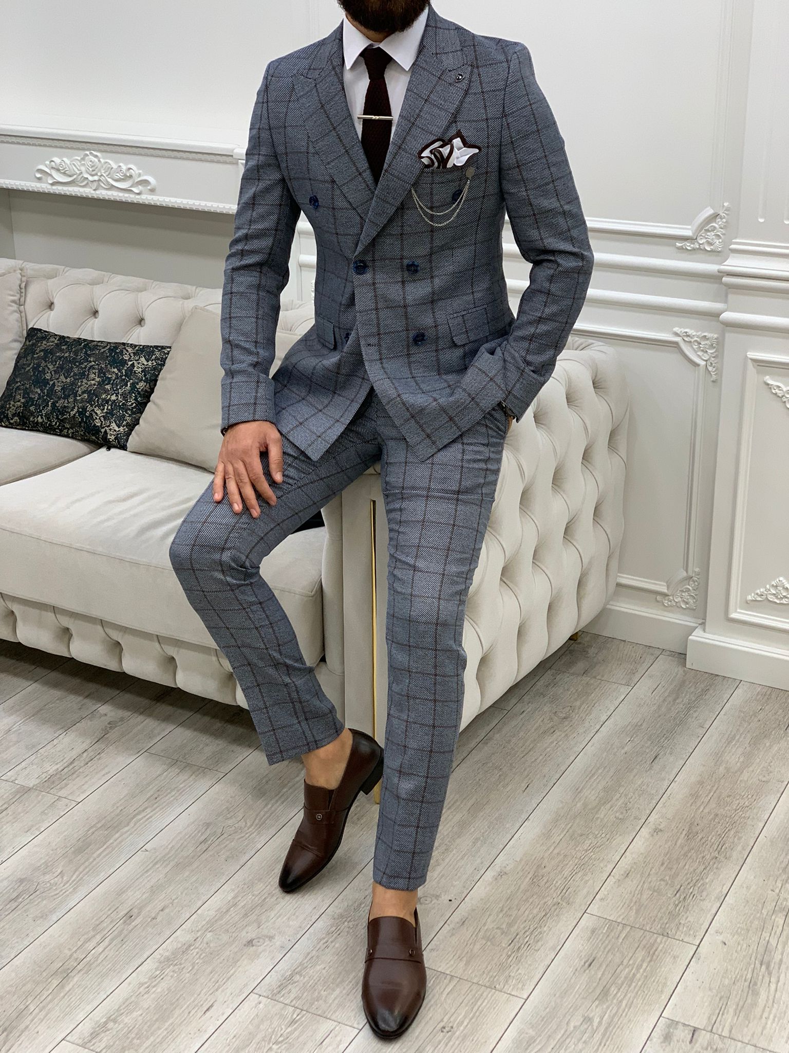 Rosario Blue Slim Fit Double Breasted Plaid Suit-baagr.myshopify.com-1-BOJONI