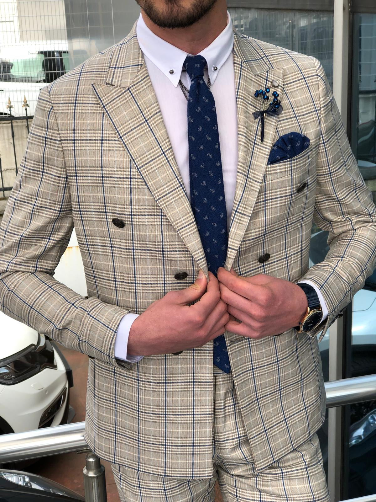 Slim-Fit Plaid Double Breasted Suit Beige-baagr.myshopify.com-suit-BOJONI