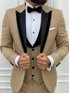 Moncani Dark Cream Slim Fit Velvet Peak Lapel Tuxedo-baagr.myshopify.com-1-BOJONI