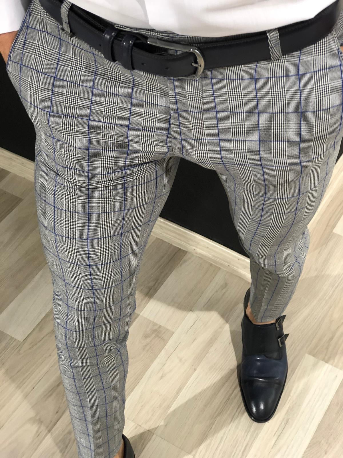 Ferra Slim Fit Plaid Pants in Blue-baagr.myshopify.com-Pants-BOJONI