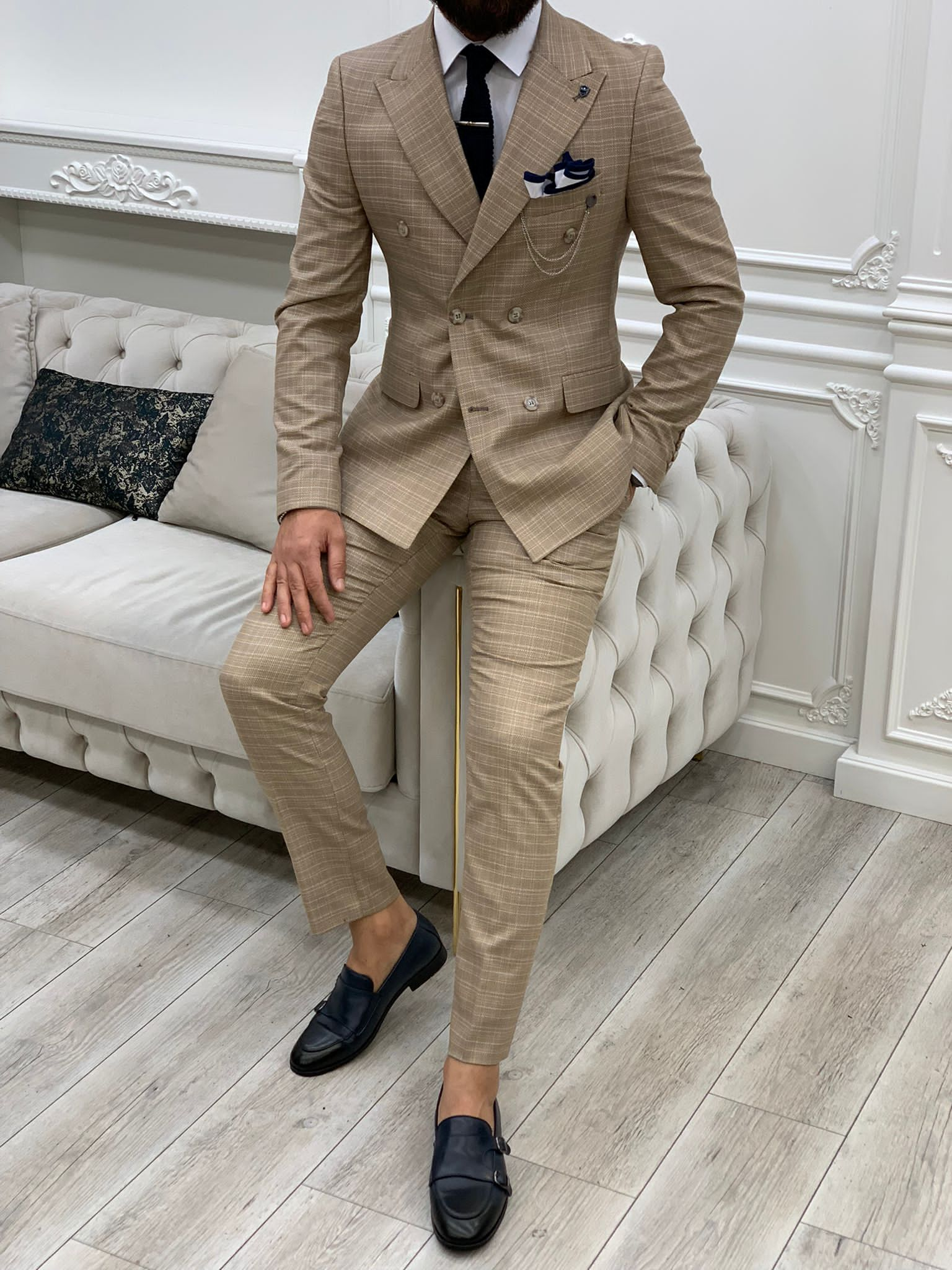 Vince Beige Slim Fit Double Breasted Striped Suit-baagr.myshopify.com-1-BOJONI