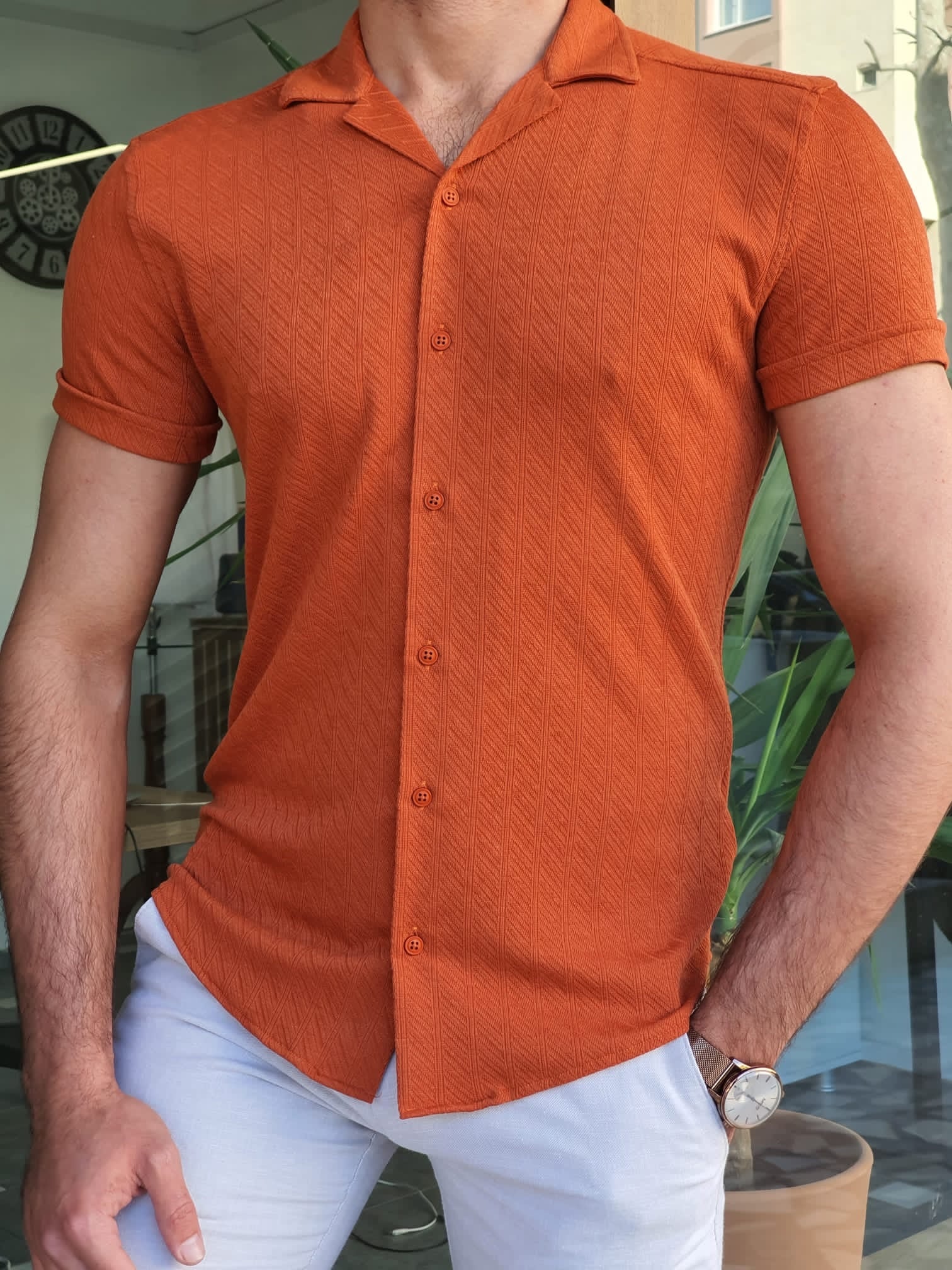 Mantova Dark Orange Slim Fit Short Sleeve Shirt-baagr.myshopify.com-Shirt-BOJONI