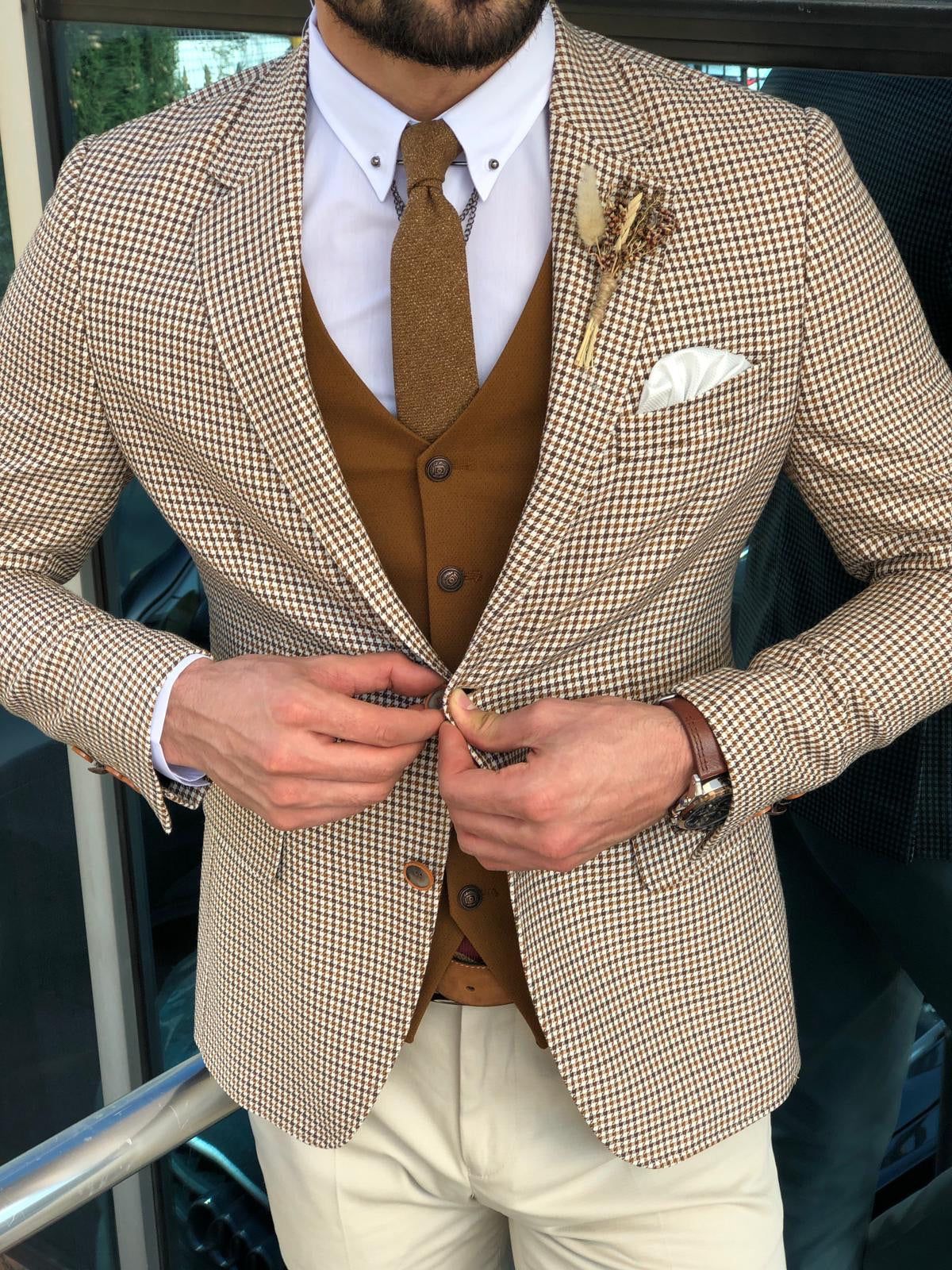 Slim-Fit Plaid Suit Vest Camel-baagr.myshopify.com-suit-BOJONI