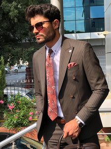 Mustard Slim-Fit Striped Double Breasted  Suit Vest Brown-baagr.myshopify.com-suit-BOJONI