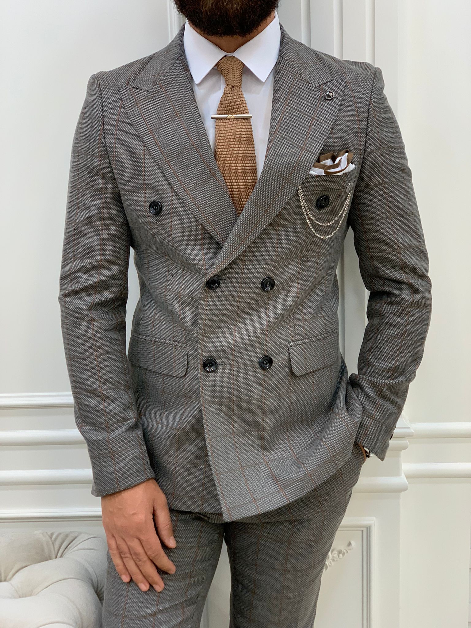 Rosario Light Gray Slim Fit Double Breasted Plaid Suit-baagr.myshopify.com-1-BOJONI