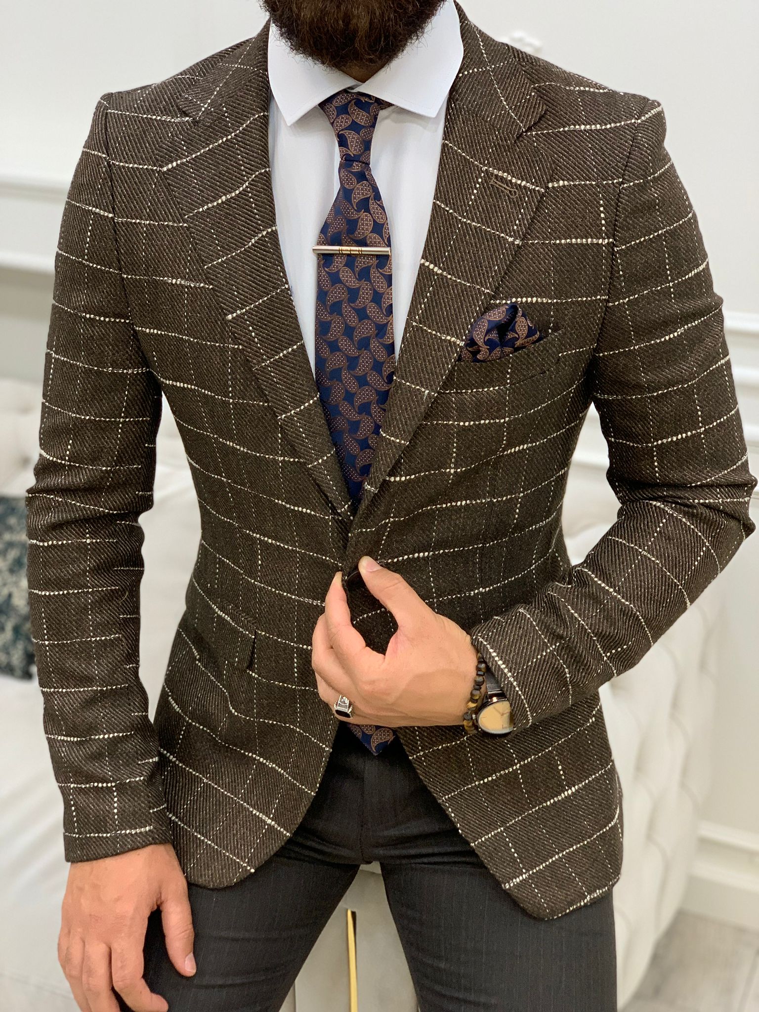 Serra Brown Slim Fit Plaid Suit-baagr.myshopify.com-1-BOJONI