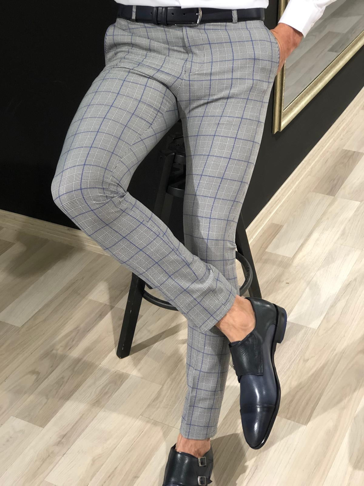 Ferra Slim Fit Plaid Pants in Blue-baagr.myshopify.com-Pants-BOJONI