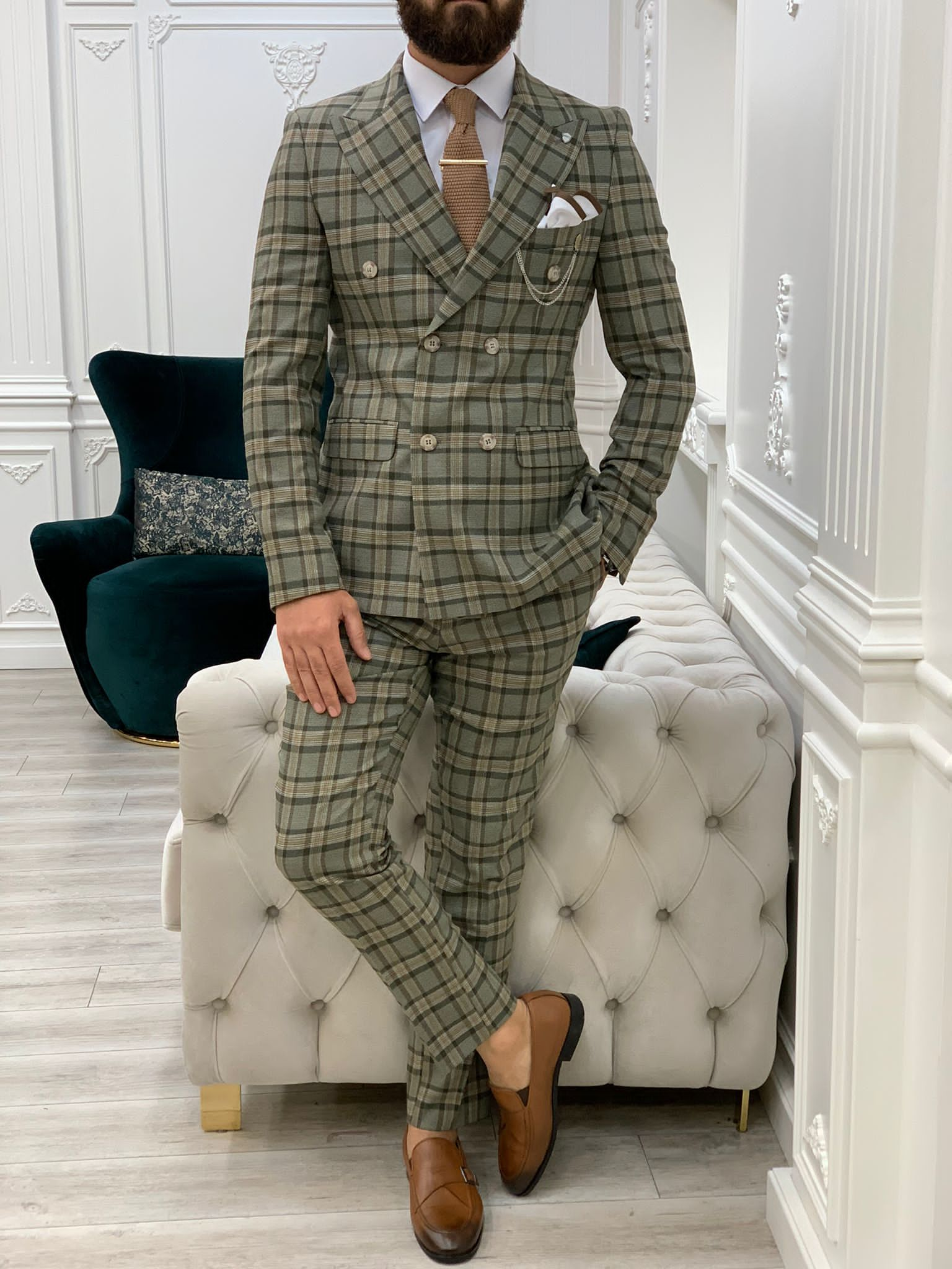 Vince Khaki Slim Fit Double Breasted Plaid Suit-baagr.myshopify.com-1-BOJONI