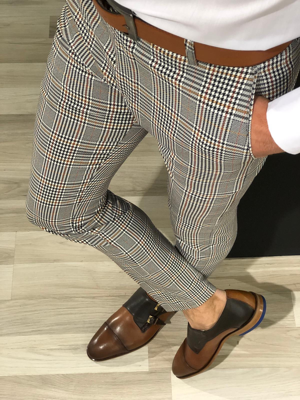 Ferra Slim Fit Plaid Pants in Orange-baagr.myshopify.com-Pants-BOJONI