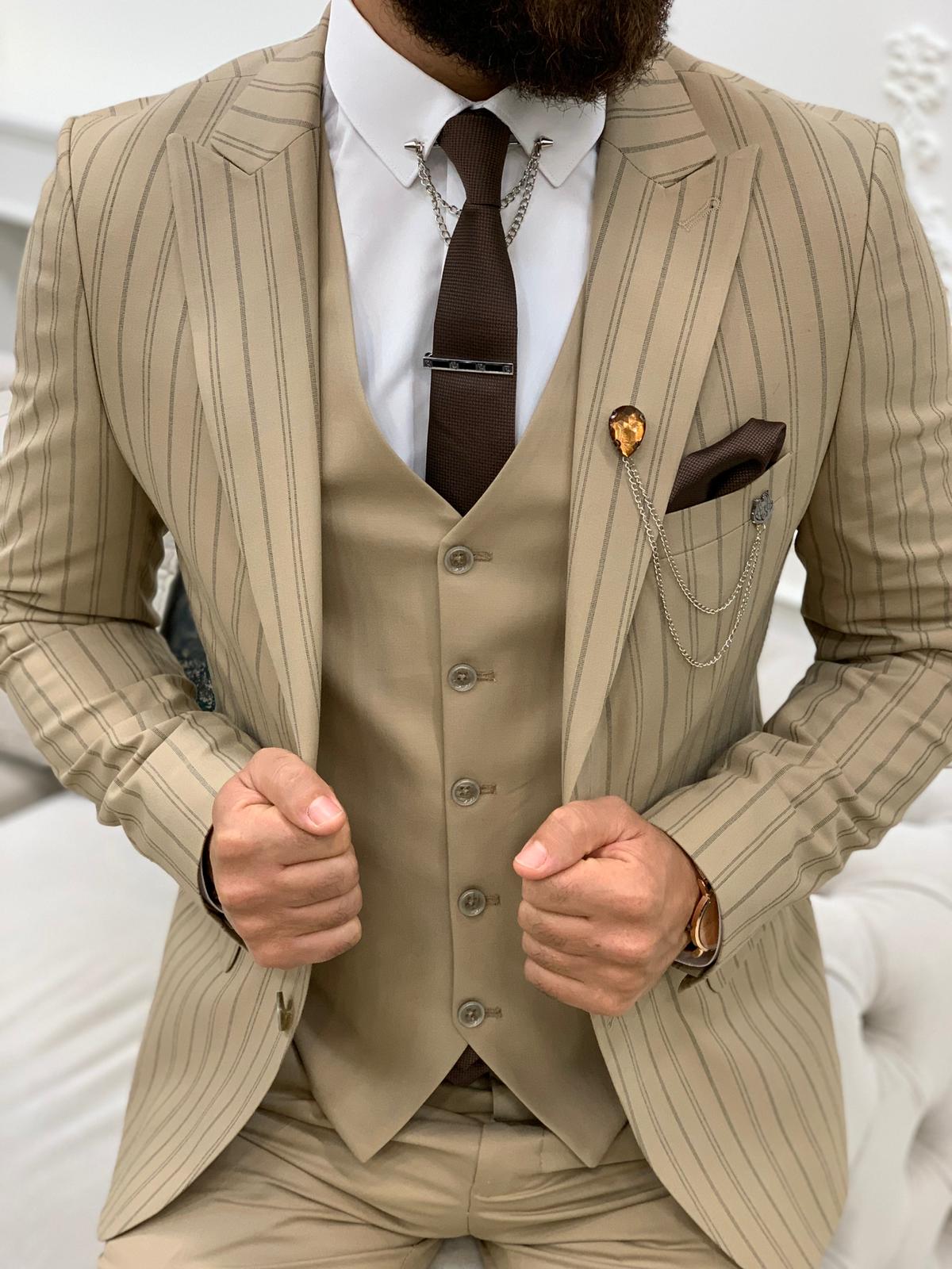 Lambrusco Cream Slim Fit Peak Lapel Striped Suit-baagr.myshopify.com-1-BOJONI