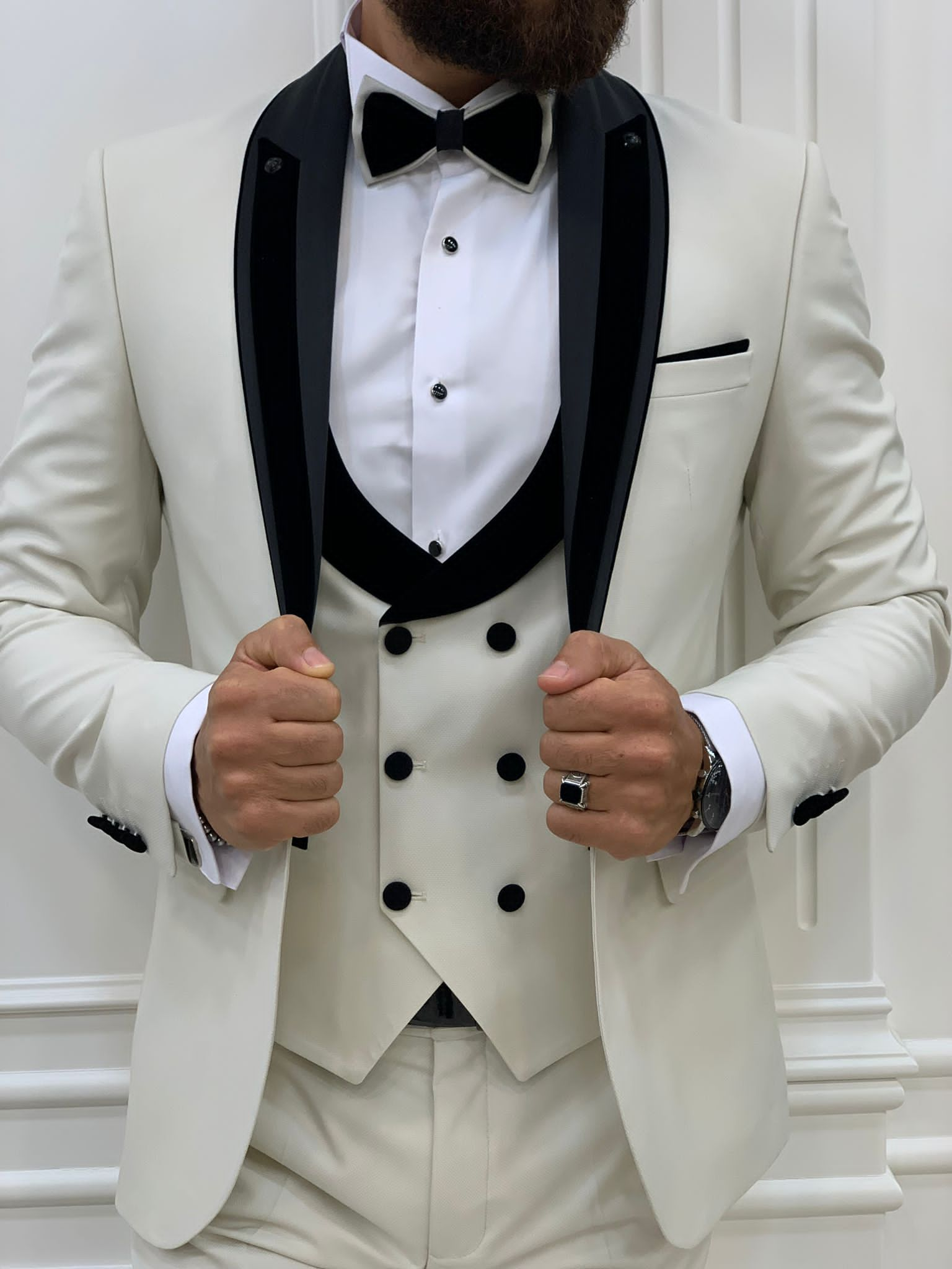 Fettachi White Slim Fit Velvet Peak Lapel Tuxedo-baagr.myshopify.com-1-BOJONI