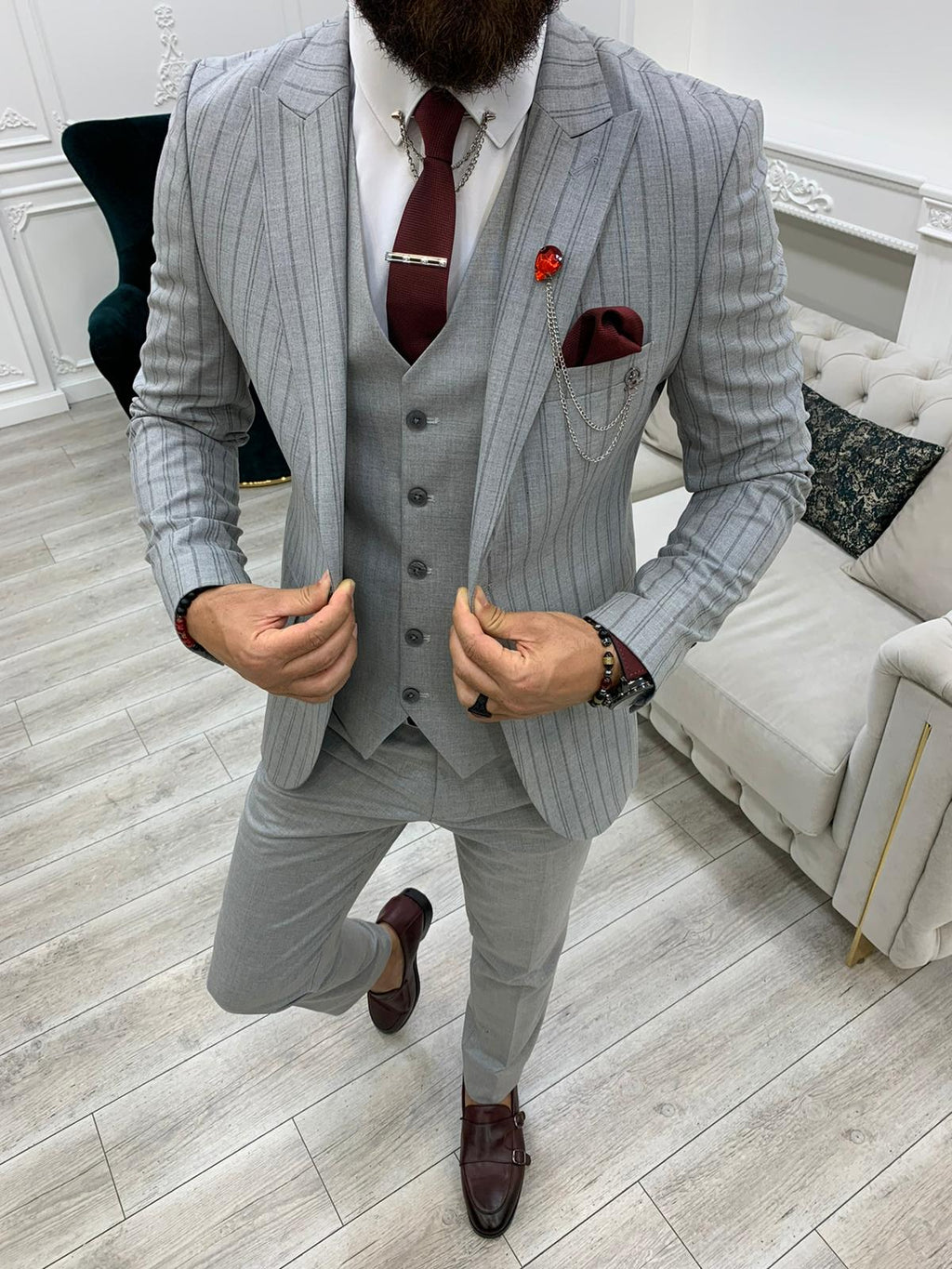 Lambrusco Dark Gray Slim Fit Peak Lapel Striped Suit-baagr.myshopify.com-1-BOJONI