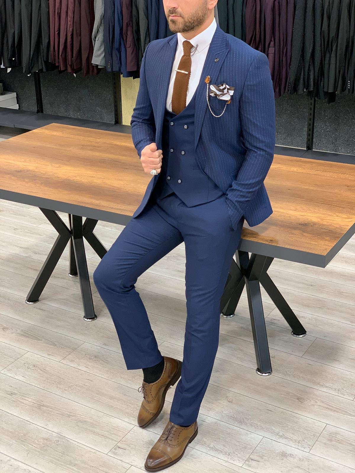 Rocca Navy Blue Slim Fit Pinstripe Suit-baagr.myshopify.com-1-BOJONI