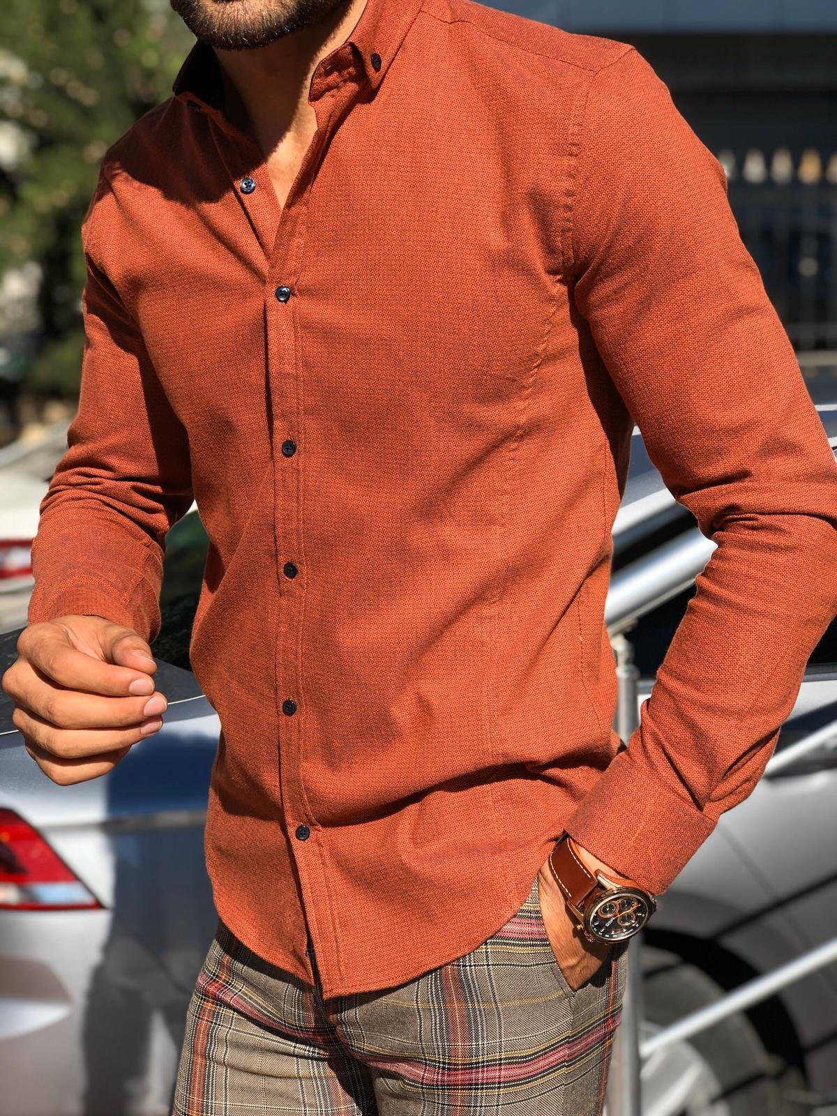 Oro Slim-Fit Patterned Shirt Orange-baagr.myshopify.com-Shirt-BOJONI