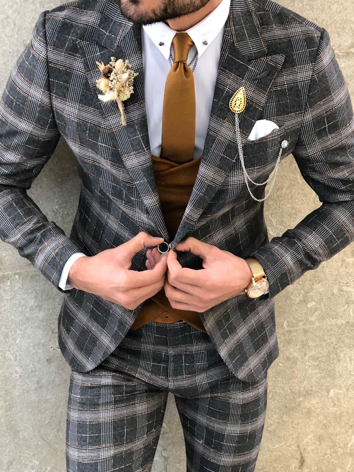 Slim-Fit Plaid Suit Vest Camel & Black-baagr.myshopify.com-suit-BOJONI