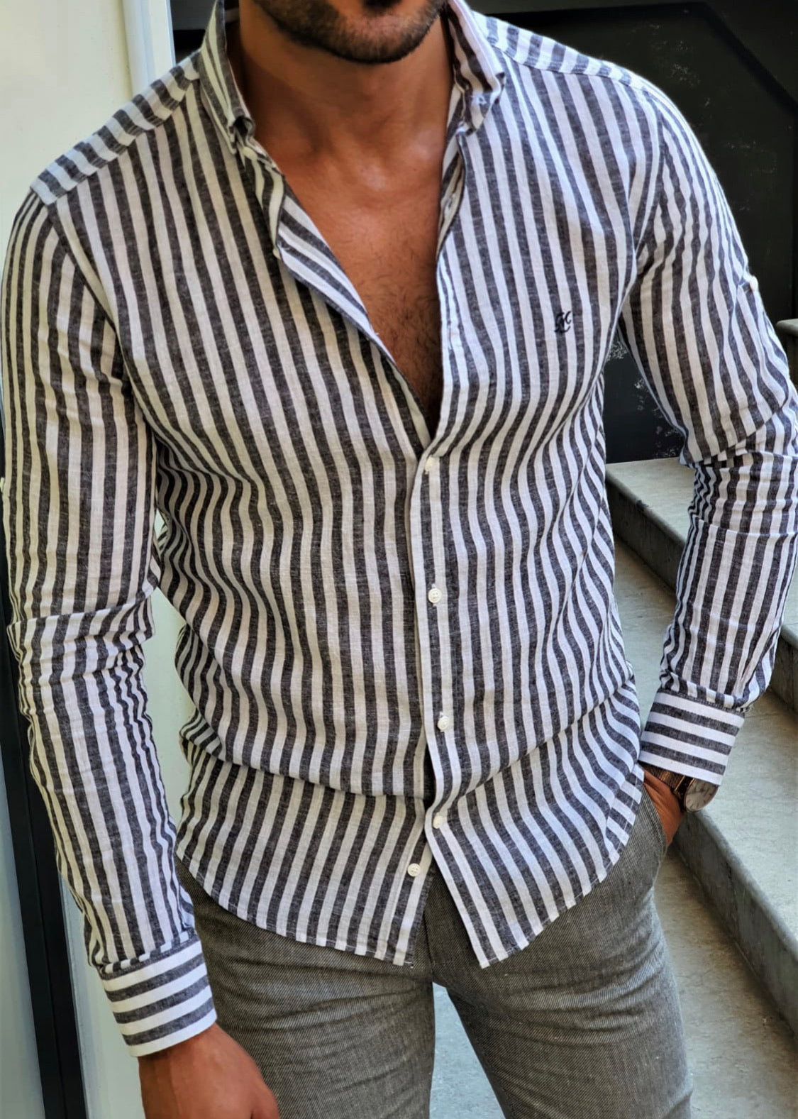 Ardenza Black Slim Fit Striped Shirt-baagr.myshopify.com-Shirt-BOJONI