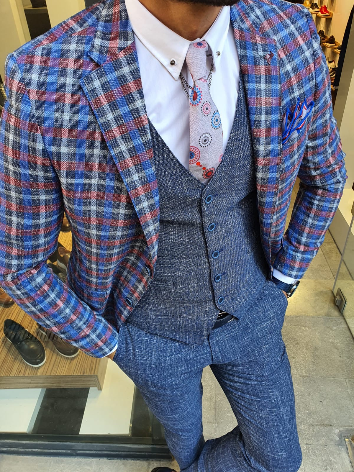 Caravajo Navy Blue Slim Fit Plaid Check Suit-baagr.myshopify.com-suit-BOJONI