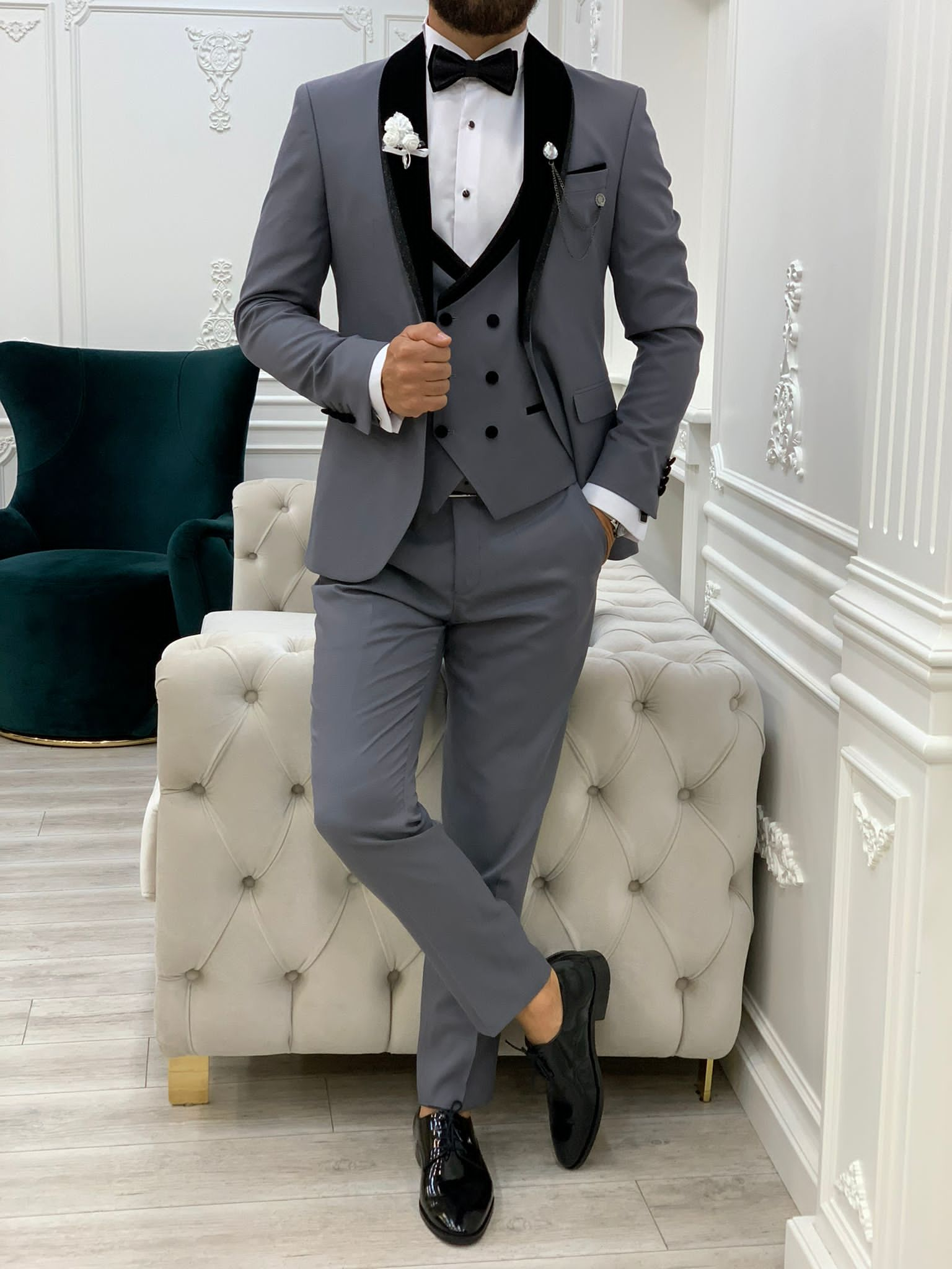 Fettachi Gray Slim Fit Velvet Peak Lapel Tuxedo-baagr.myshopify.com-1-BOJONI