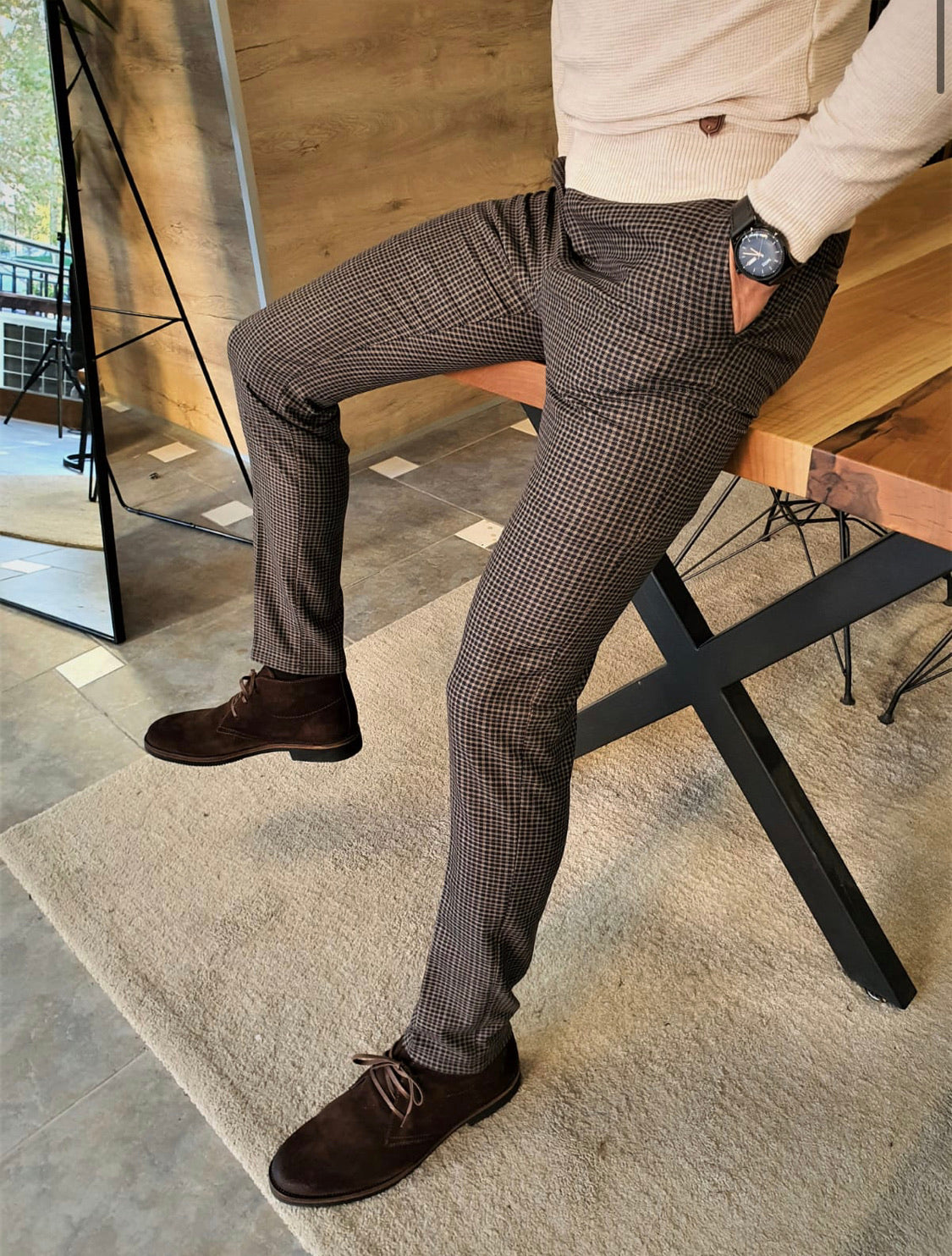 Daroni Camel Slim Fit Plaid Pants-baagr.myshopify.com-Pants-BOJONI