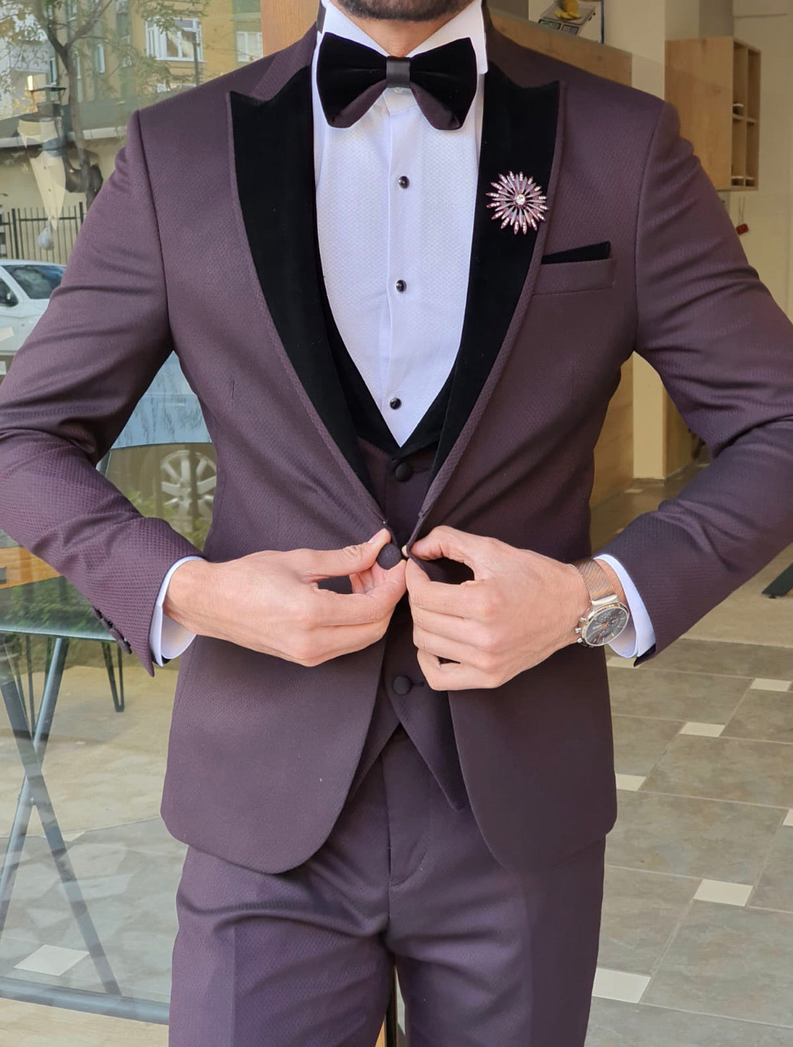 Caparini Burgundy Slim Fit Peak Lapel Tuxedo-baagr.myshopify.com-suit-BOJONI