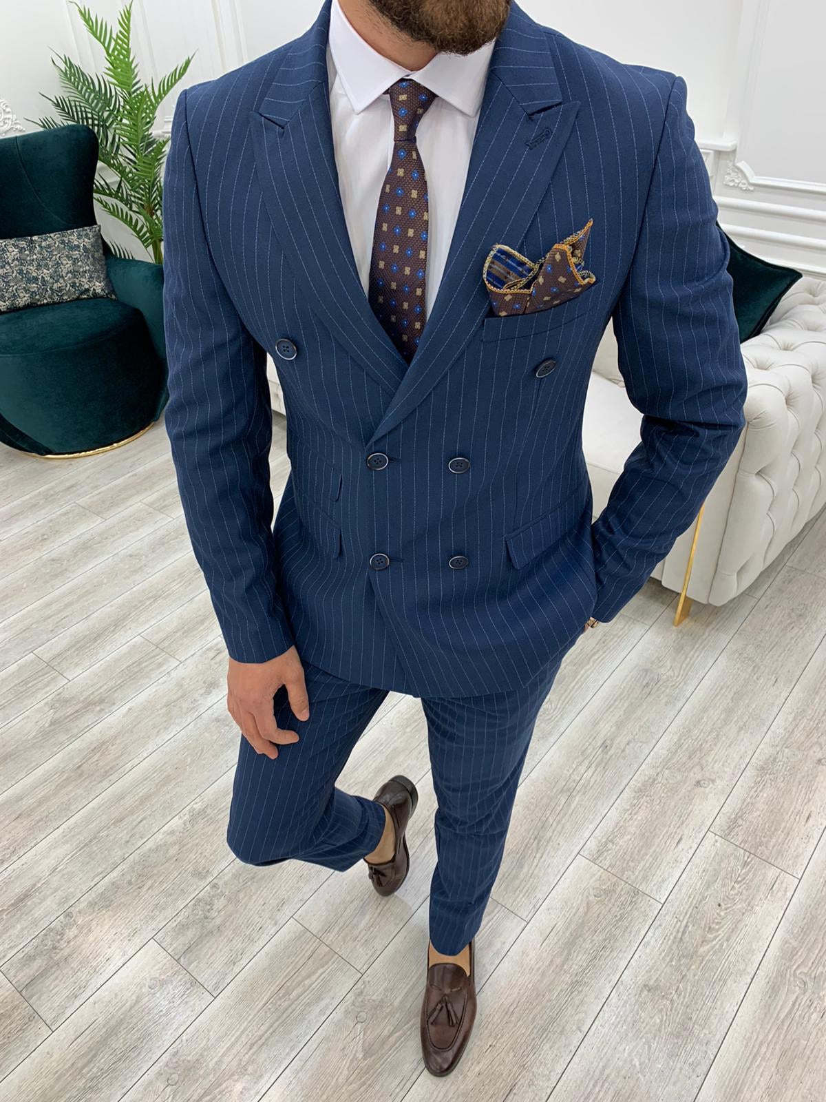 Furino Navy Blue Slim Fit Double Breasted Pinstripe Suit-baagr.myshopify.com-1-BOJONI