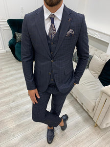 Bojoni Dayton Navy Blue  Plaid Slim Fit Suit