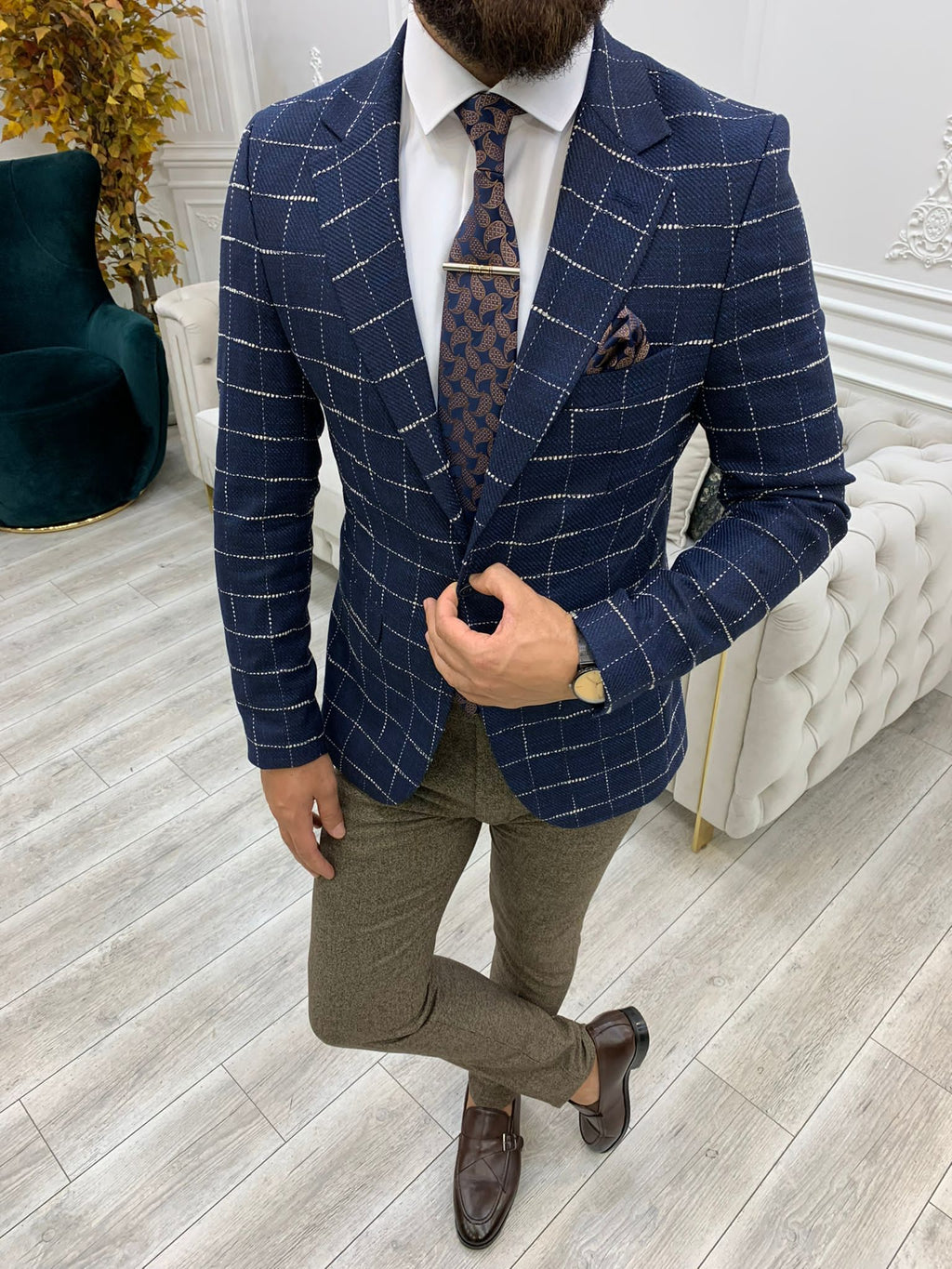 Serra Navy Blue Slim Fit Plaid Suit-baagr.myshopify.com-1-BOJONI