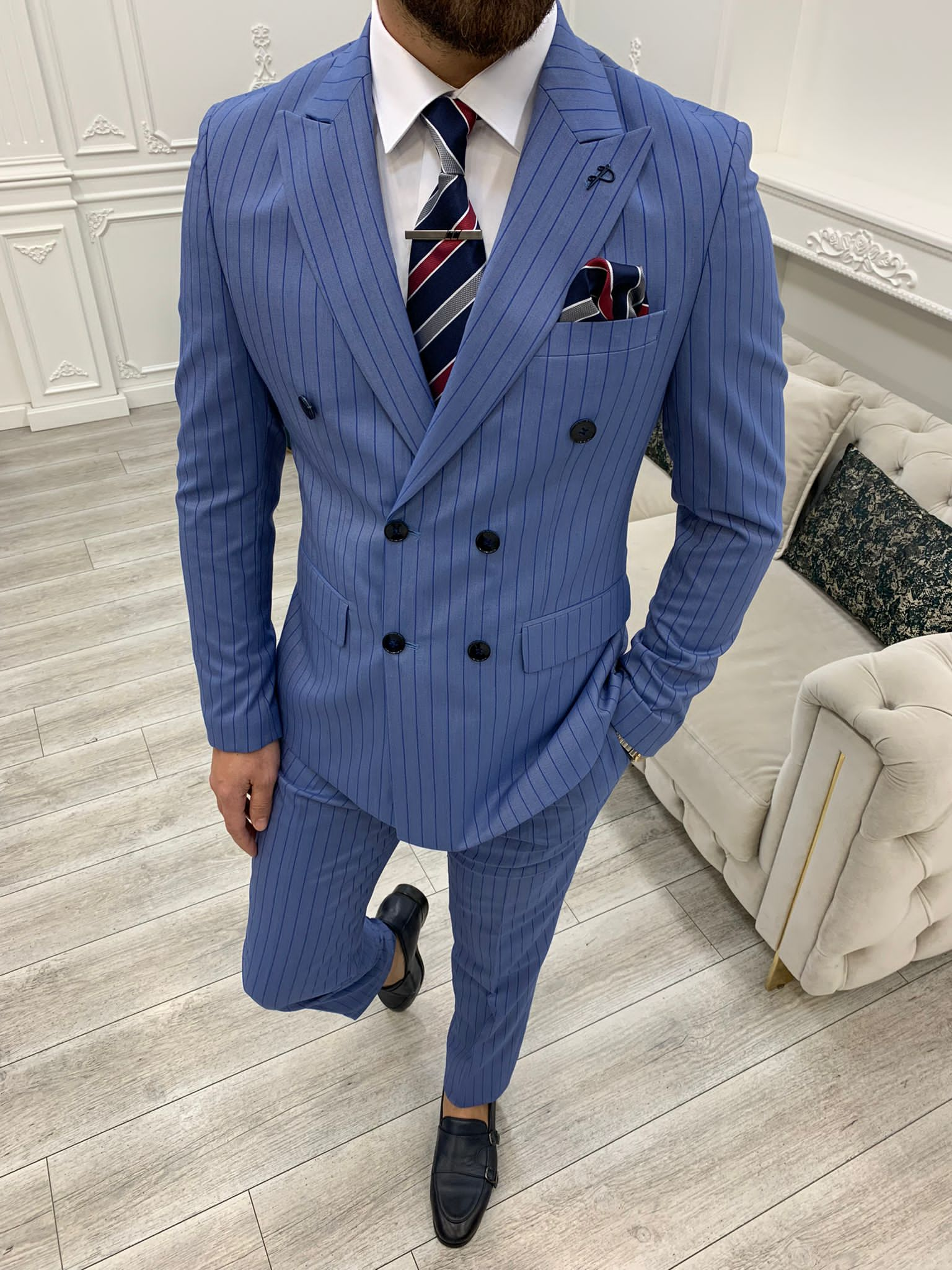 Bojoni Double Breasted Sky Blue Slim Fit Suit