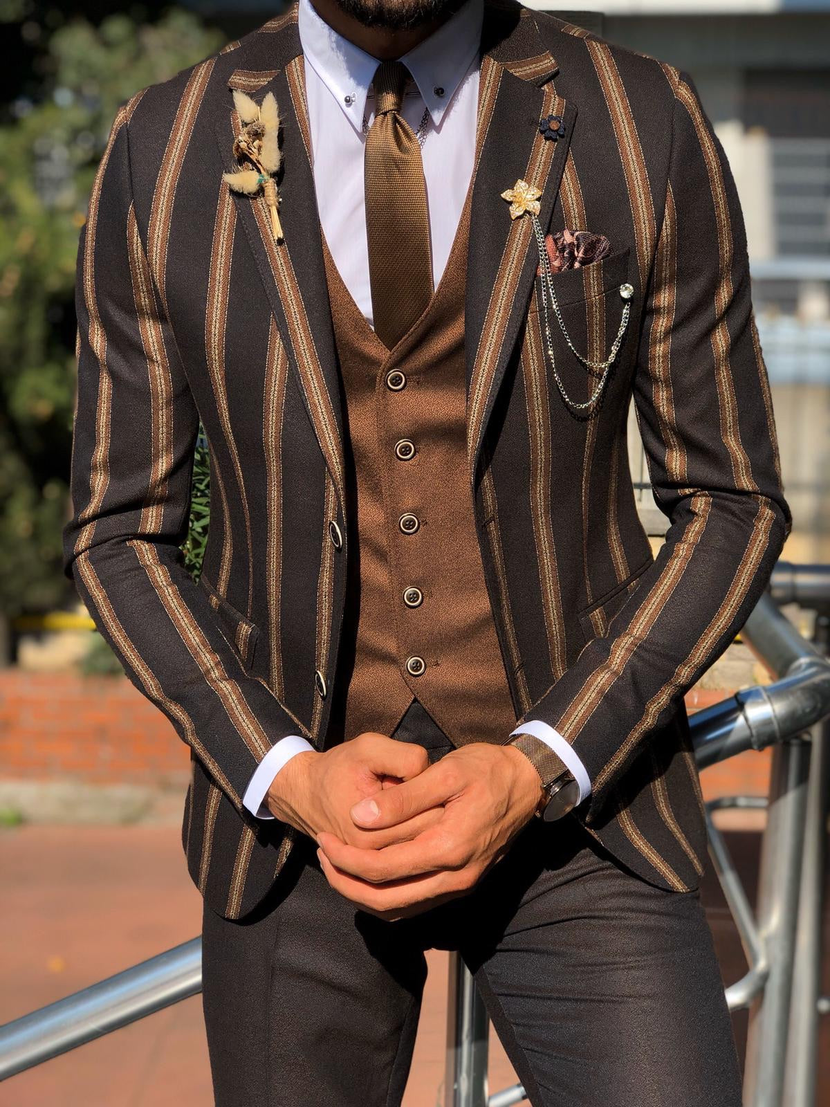 Lazi Slim-Fit Striped Suit Vest Brown-baagr.myshopify.com-suit-BOJONI