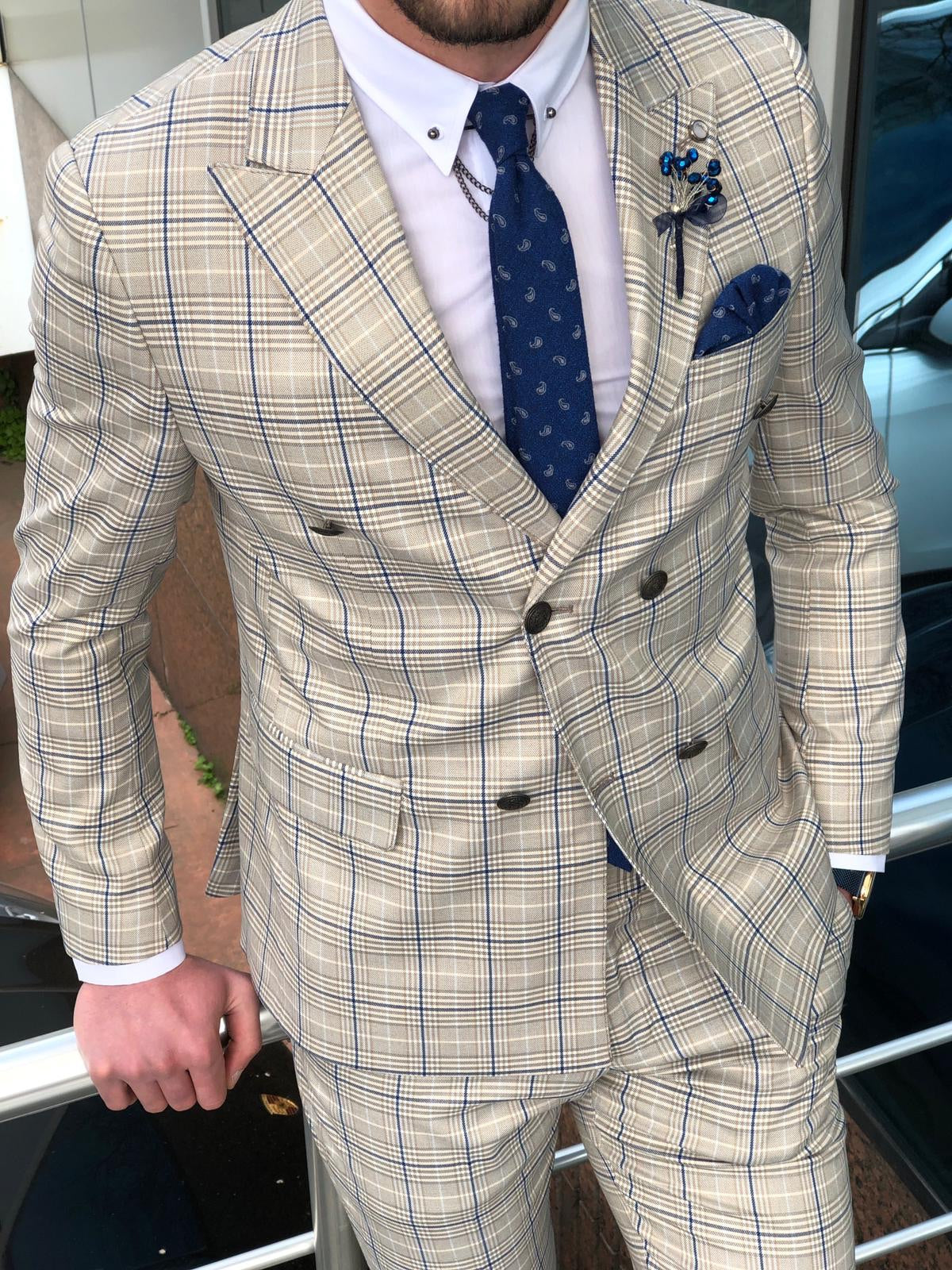 Slim-Fit Plaid Double Breasted Suit Beige-baagr.myshopify.com-suit-BOJONI