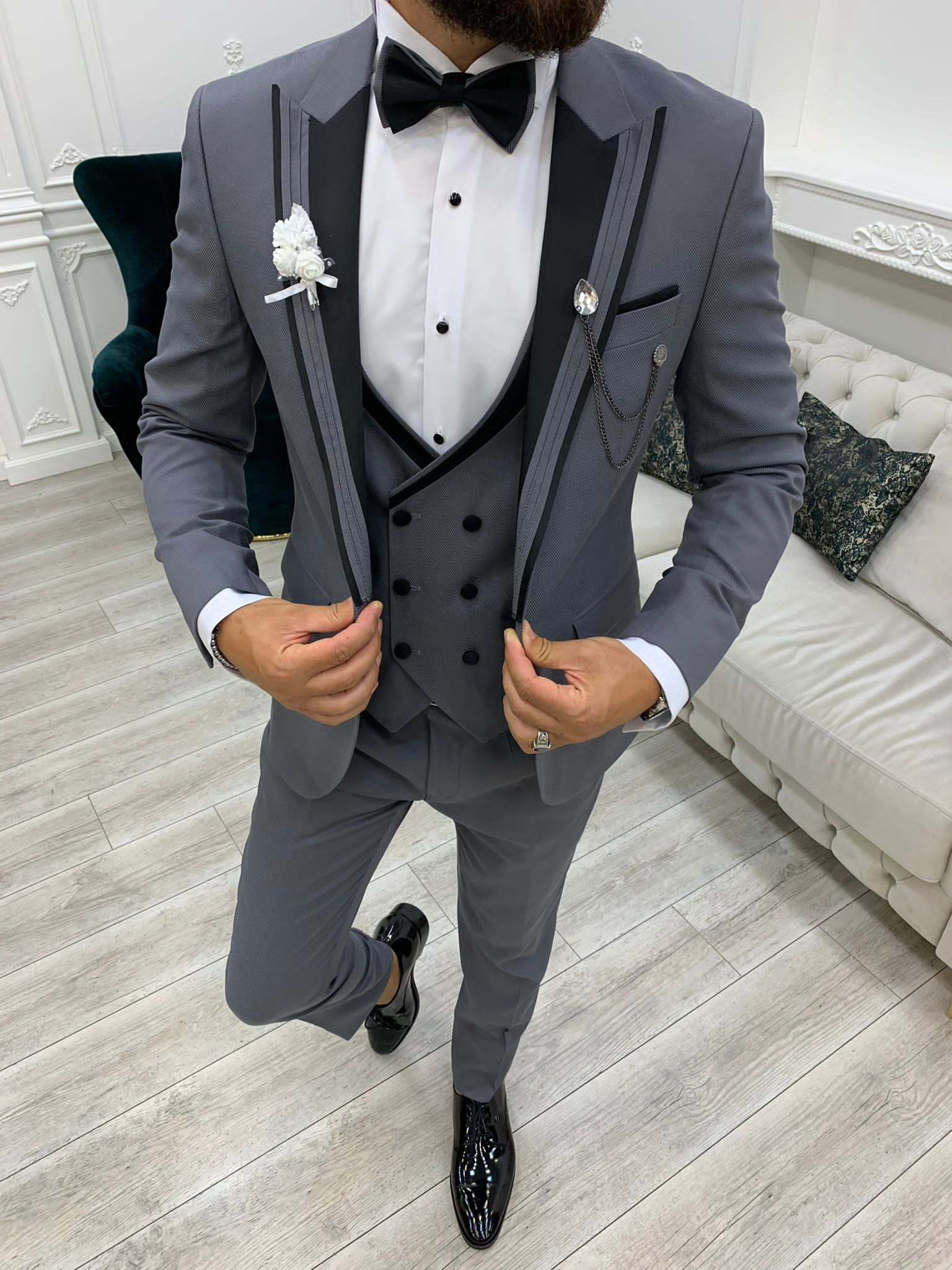 Fettachi Gray Slim Fit Peak Lapel Tuxedo-baagr.myshopify.com-1-BOJONI