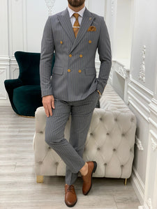 Bojoni Double Breasted Gray Slim Fit Suit